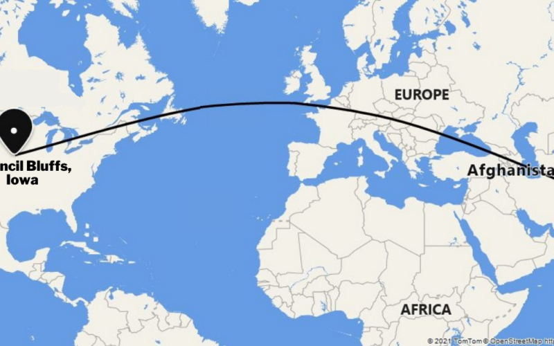 A picture of a world map showing the distance between Afghanistan & Council Bluffs.