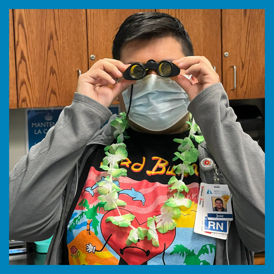 Jose, an All Care nurse, dresses up as a tropical tourist on Halloween.