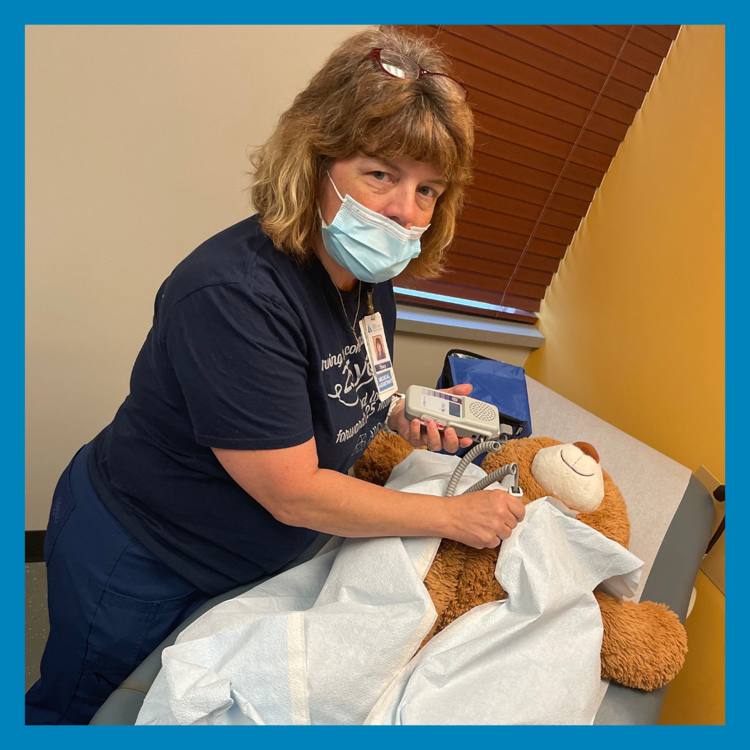 Bennie the bear having an ultrasound during their visit during National Teddy Bear Day.