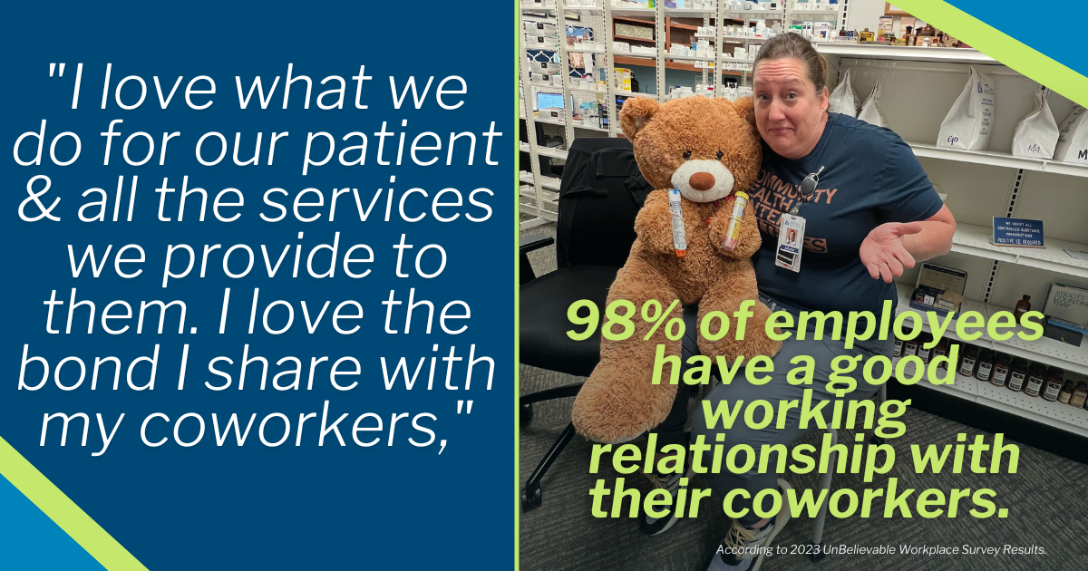 "I love what we do for our patient & all the services we provide to them. I love the bond I share with my coworkers," According to 2023 UnBelievable Workplace Survey Results, 98% of employees have a good working relationship with their coworkers.