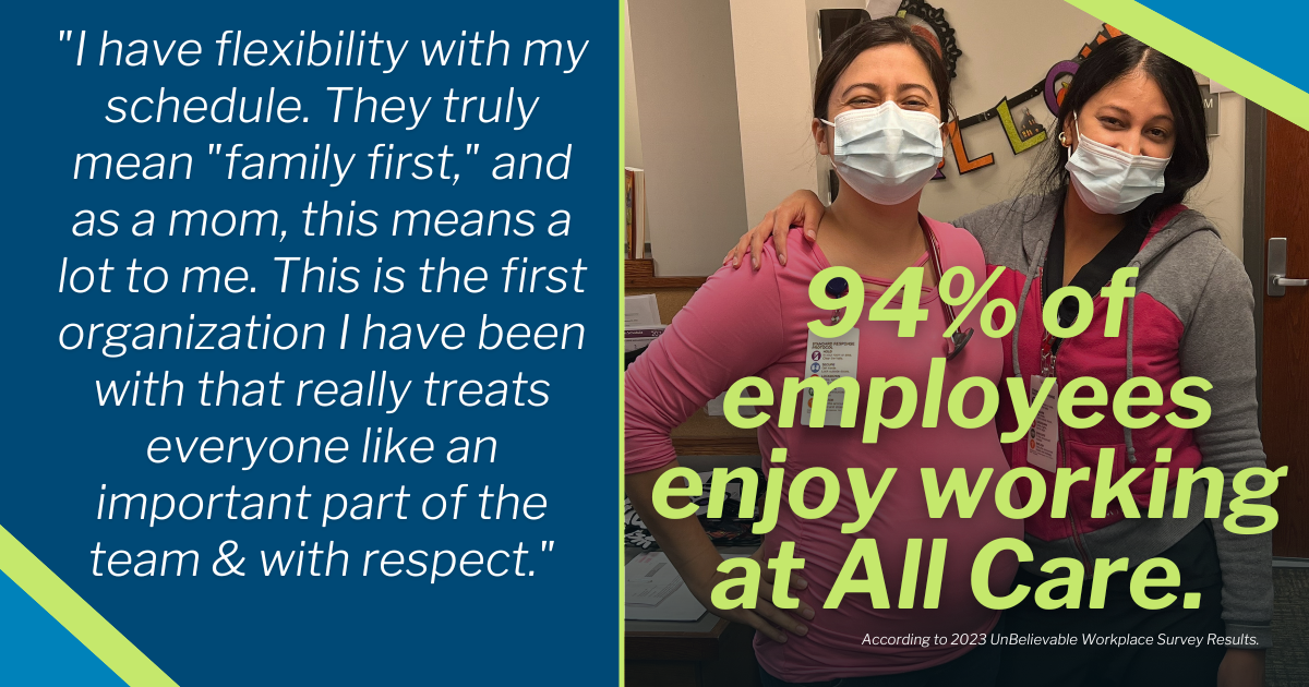 "I have flexibility with my schedule. They truly mean "family first," and as a mom, this means a lot to me. This is the first organization I have been with that really treats everyone like an important part of the team & with respect." According to 2023 UnBelievable Workplace Survey Results, 94% of employees enjoy working at All Care.