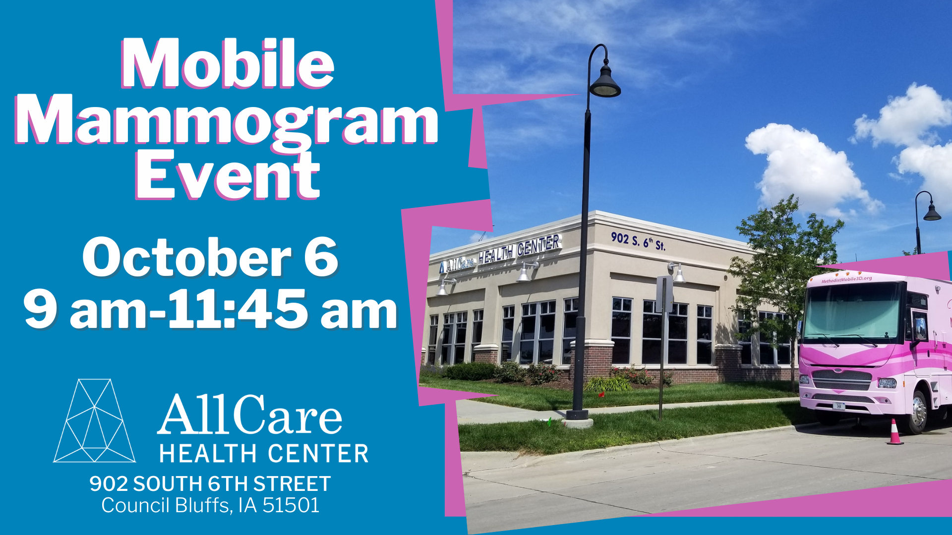 Mobile Mammogram Event October 6, 2023 from 9am-11:45am.